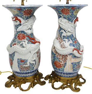 Pair of Japanese Polychrome-Painted Ceramic Baluster Vases