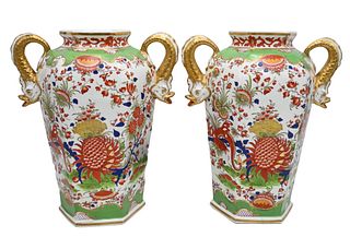 Pair of Worcester Chamberlain Hexagonal Vases