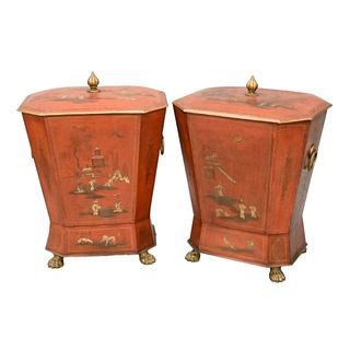 Pair of Regency Chinoiserie Decorated Tole Coal Bins