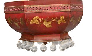 Red Tole Ceiling Fixture with Crystal Drops