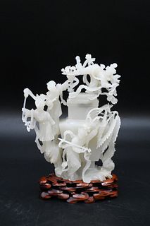 Intricately Carved Chinese Covered Jade Urn