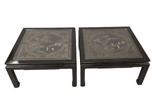 Pair of Chinese Lacquer and Mother of Pearl Inlaid Panels Made into a Pair of Tables
