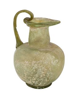 Roman Green Glass Oinochoe, Pitcher With Spout