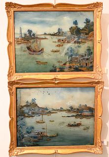 Pair of Early Chinese Export Reverse Glass Paintings