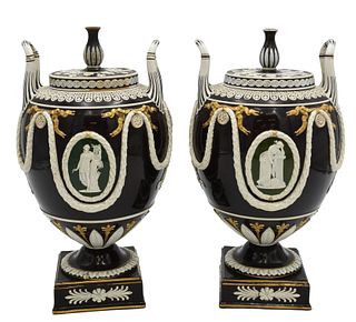 Pair of Wedgwood Victoria Ware Urns Having Covers