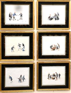 Group of Six Antique Chinese Gouache Paintings on Rice Paper