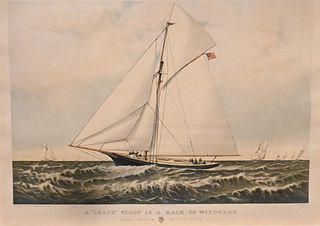 Currier and Ives "Yacht Gracie" hand colored Lithograph, 1882 

