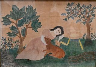 Primitive Folk Art of Girl and Dog in Landscape on Velvet