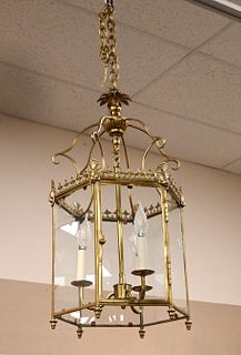 Four Light Brass and Glass Hexagonal Hanging Light
