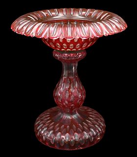 Large Cranberry Cut to Clear Crystal Center Compote