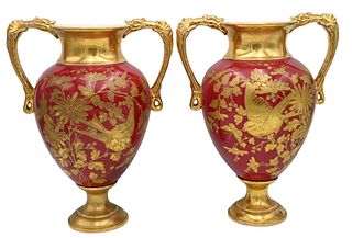 Pair of Porcelain Vases with Gilt Handles