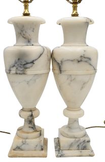 Pair of White Marble Urn Form Lamps on Stepped Bases