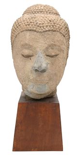 Large Thai Carved Sandstone or Ayutthaya Bust of a Buddha Head