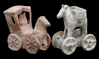 Two Greek Terracotta and Pottery Horses with Wheels and Cart Figures