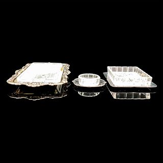 3pc Silver Coated Steel and Glass Serving Trays