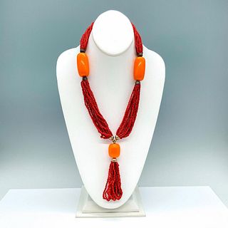 Bold Orange and Coral Tone Beaded Tassel Necklace