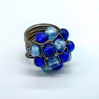 Retro Metal Wire and Blue Bead Cluster Ring