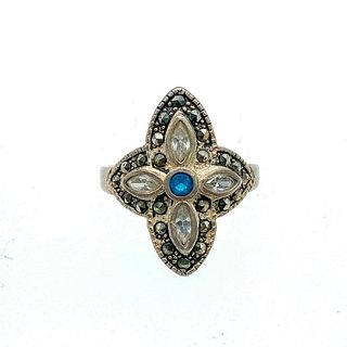 Pretty Vintage Sterling Silver, Marcasite, and Crystal Ring