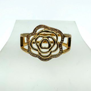 Distressed Gold Metal and Rhinestone Flower Cuff Bracelet