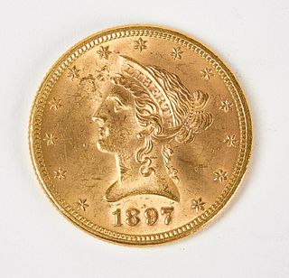 1897 Ten Dollar Gold Liberty Coin, AU, Raw