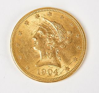 1904-O Ten Dollar Gold Liberty Coin, UNC, Raw