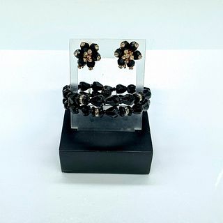 Vendome Black Flower Clip On Earrings & Black Bead Bracelet