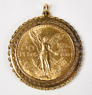 1947 Mexican 50 Peso Gold Coin in 14K Pendant