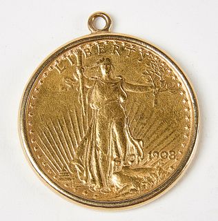 1908 Standing Liberty Twenty Dollar Gold Pendant