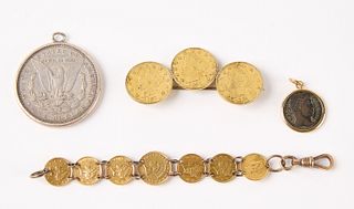 Coins Set in Four Jewelry Mounts