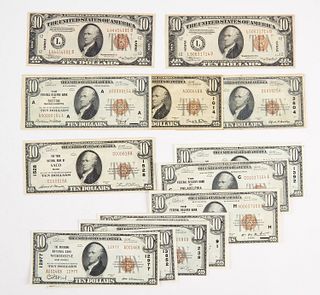 Thirteen U.S. Ten Dollar Notes & National Currency