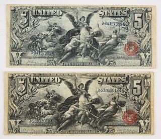 Two U.S. Five Silver Dollars, Red Seal, 1896