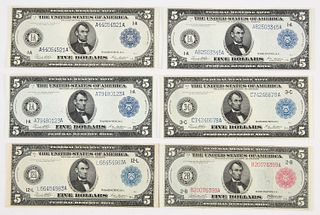 Six Large Five Dollar Notes 1914