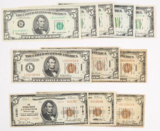 Eleven U.S. Federal and National Five Dollar Notes