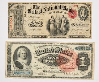 Two U.S. One Silver Dollar and National Currency