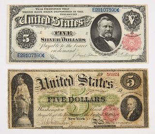 Two U.S. Five Dollar Notes, Silver and Treasury