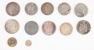Twelve French Silver Coins and Two Burmese Silver