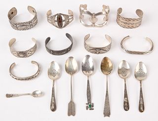 Nine Silver Native American Cuff Bracelets & Spoon