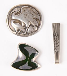 Two George Jensen Silver Pins and Tie Clip