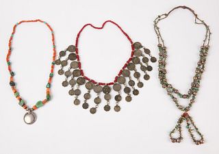 Three Necklaces with Beads, Coins, Turquoise