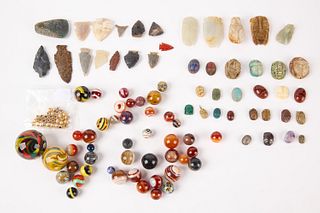 Mixed Lot of Arrowheads,Scarabs, Marbles, Beads