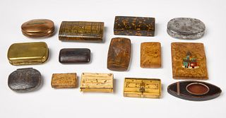 Fourteen Small Bone, Wood, Copper, Brass Boxes
