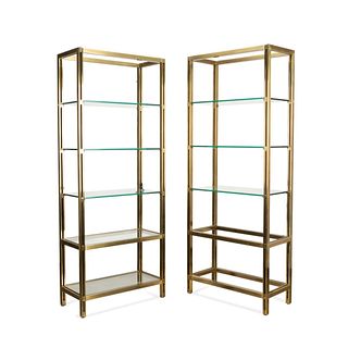PAIR MODERN LIGHTED BRASS AND GLASS ETAGERES