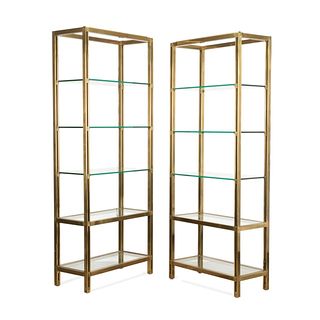 PAIR MODERN LIGHTED BRASS AND GLASS ETAGERES