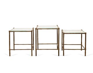 THREE BRASS FAUX BAMBOO NESTING TABLES W/ GLASS