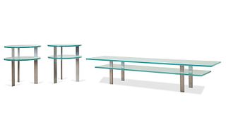 THREE PIECE ALUMINUM & FROSTED GLASS TABLE SUITE