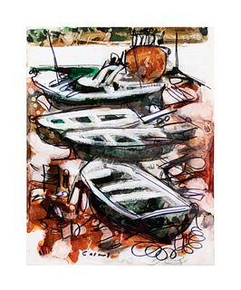 JESUS CASAUS 'BOATS' MIXED MEDIA ON PAPER
