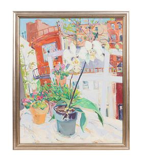 JIM TOUCHTON 'ORCHID STILL LIFE ON BALCONY' O/C