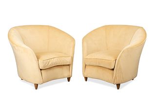 PAIR ITALIAN BARREL BACK UPHOLSTERED CHAIRS