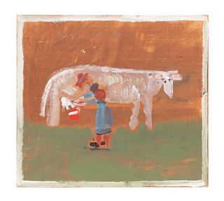JIMMY LEE SUDDUTH 'MILKING COW', OIL//PANEL