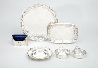 GROUP OF FIVE AMERICAN SILVER TABLE ARTICLES AND AN ITALIAN VELVET-LINED (925) SILVER STATIONERY HOLDER